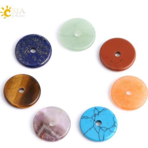 CSJA 18x18mm 7 Chakra Natural Stone Round Flat Spacer Beads for DIY Bracelet Pendant Pendulum Jewelry Accessories 7pcs/pack G062