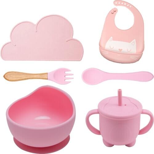 Child feeding set silicone bowl bib spoon fork drinking cup plate feeding mat newborn gift food feeding BPA Free