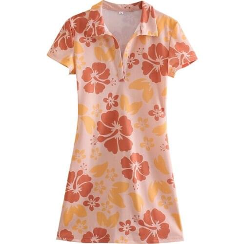 Europe and United States 2021 Summer New Slim Slim Joker French Standing Collar Retro Floral Short Sleeve Dress Skirt Straight