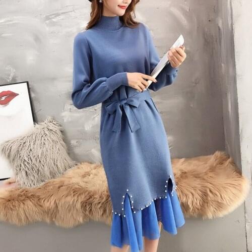 Spring autumn 2021 new loose womens dress beaded knitted bottoming shirt lace sweater skirt mid-length two-piece suit s393