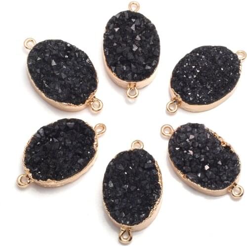 Egg Shape Black Druzy Agates Pendants Sliced Double Hole Connectors for Jewelry Making DIY Jewelry Necklaces Size 28x45mm