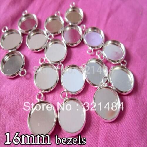 Silver plated 500piece 16mm cabochon setting round hung charm earring dangle blank jewelry bezels pendant tray cameo base