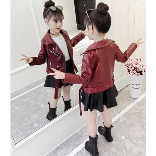 Cute Girls Spring Autumn Coats Two Colors Fashion PU Jackets Coat Solid Color Faux leather Kids Girl Outwear Age 3 4 5 6 7 8 10