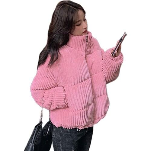 Corduroy Womens Winter Parkas Jacket Short Korean Style Loose Thick Warm Jacket For Girls Outer Port 2021 Elegant Woman Top