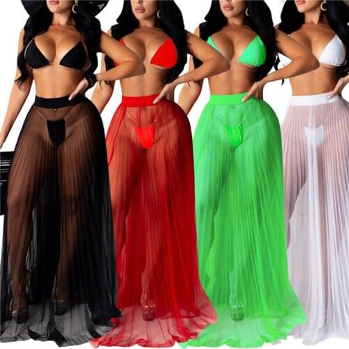 Women 3pcs Bikini Set Split Swimsuit Set Solid Color Deep V-Neck Bikini Panties High Waist Mesh Beach Skirt Women Swimming Suits