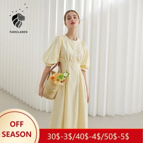 FANSILANEN Office Lady Puff Sleeve Striped Light Yellow Dress Summer 2021 New Summer Gentle Style French Sweet Dress Women