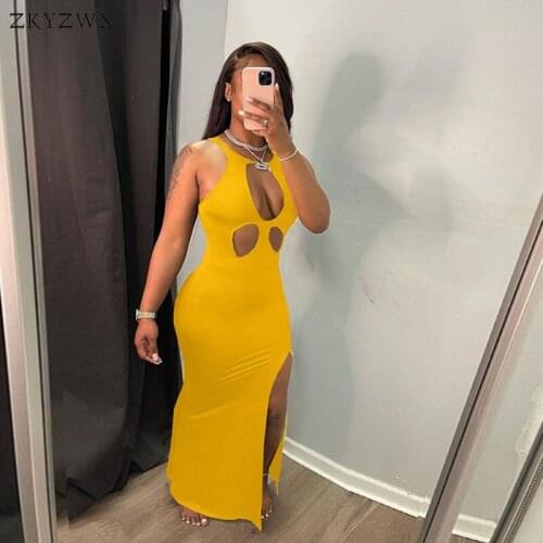 ZKYZWX Solid Sexy Hollow Out Maxi Dresses for Summer Women Sleeveless Crop Out Outfits Sundress Side Split Club Party Long Dress