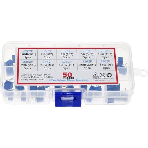 50pcs/BOX 100 ohm-1Mohm 3362P potentiometer assorted kit set 10 values variable resistor potentiometer pack