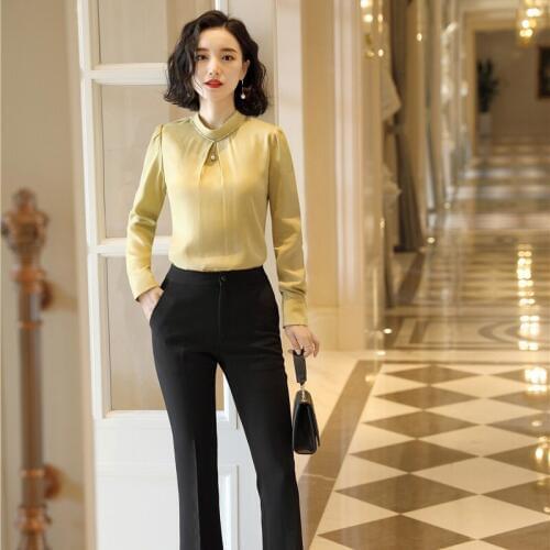 Fashion Women Blouses & Shirts Long Sleeve Work Wear Clothes Office Ladies 2 Piece Pant and Top Sets Yellow
