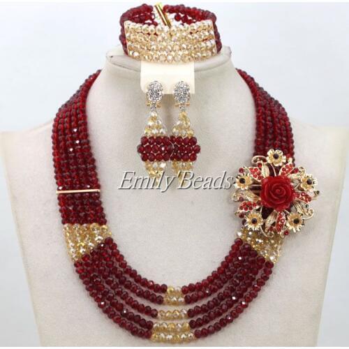 Fantastic Wine Burgundy Beads Indian Bridal Jewelry Set Gold African Wedding Nigerian Crystal Necklace Set Free shipping AIJ633