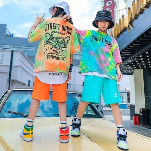 New Tie Dyed T-Shirts Kids Hip Hop Clothing Girls Multi Color Jazz Performance Costume Boys Ballroom Street Dance Costume BL6717