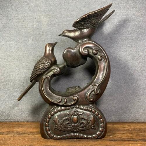 11"Chinese temple collection Old Bronze Cinnabar Lacquer Magpie statue A pair Implication Happy Ornaments Town House Exorcism