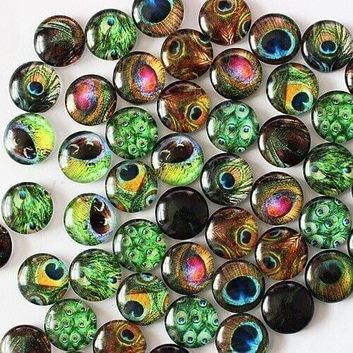 12mm Mixed Style Peacock Feather Round Glass Cabochon Dome Jewelry Finding Cameo Pendant Settings 50pcs/lot (K02748)