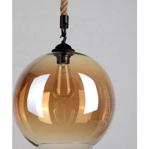 Round Amber Glass Ball Hemp Rope Wire Hanging Lamp Dinning Room E27 Bubble Circular Pendant Light scandinavian