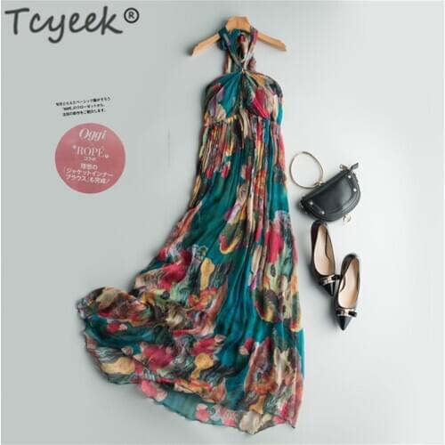 Tcyeek 100% Real Silk Summer Dress Women Clothes 2020 Vintage Dresses for Woman Sexy Boho Floral Maxi Beach Party Vestidos Robe