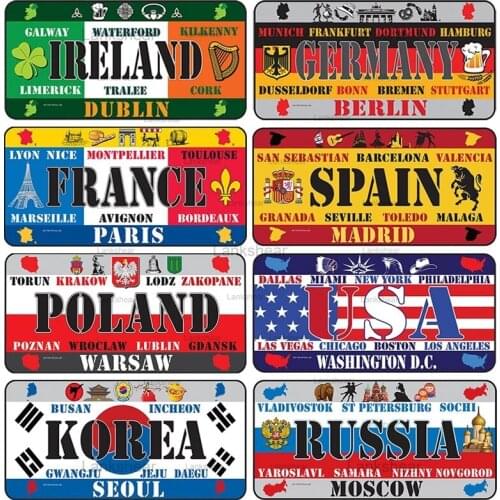 Retro National Flag Metal Tin Sign Vintage France Spain USA License Plates Plaque Bar Home Restaurant Wall Art Decor 15X30Cm