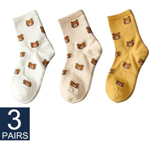 3 Pairs of Cute Cartoon Womens Pure Cotton Socks Fashionable Bear Five Colors Female Warm Girls Kawaii Crew Socks