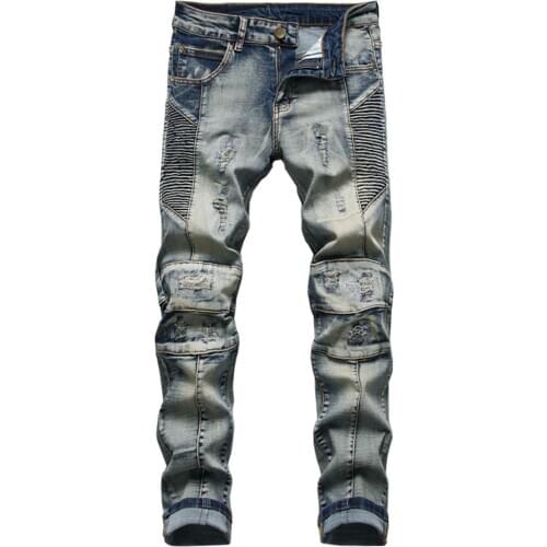 Mens Patchwork Ripped Slim Straight Biker Jeans for Motorcycle Streetwear Vintage Hole Stretch Denim Pants Trousers
