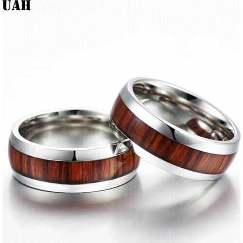 UAH 316L Stainless Steel Finger Rings Durable Vintage Titanium Stainless Steel 8mm Ring Wood Grain Ring Jewelry for Men