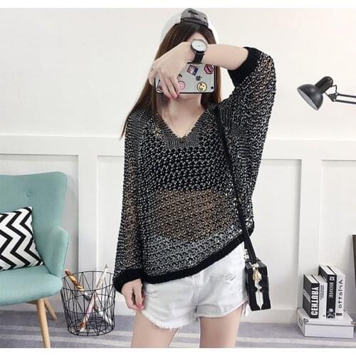 Oversized Loose Korean style Women Tops Hollow Long sleeve Jumper Ladies Pullover Plus size Casual Female Knit Sweater