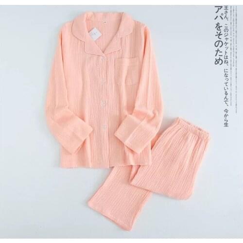 Solid Breathable Lovers 100% Cotton Crepe Pajamas Sets Women Men Autumn Long Sleeve Fresh Soft Pijama Mujer Casual Pyjamas