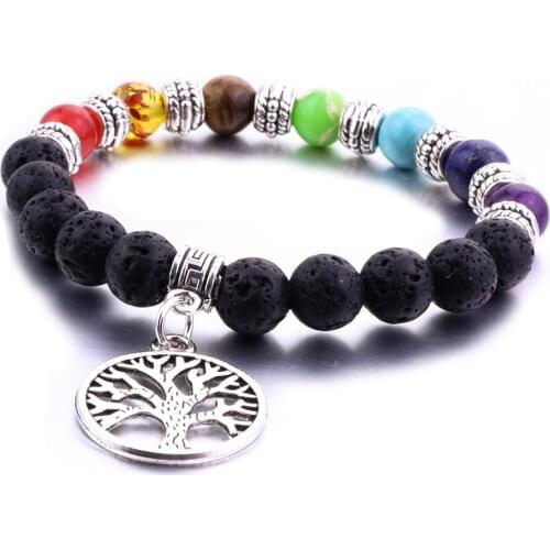 The Perimeter Of 19cm 8mm Black Lava Stone Tree Of Life Bracelets Essential Oil Diffuser 7 Chakra Bracelet Yoga Jewelry
