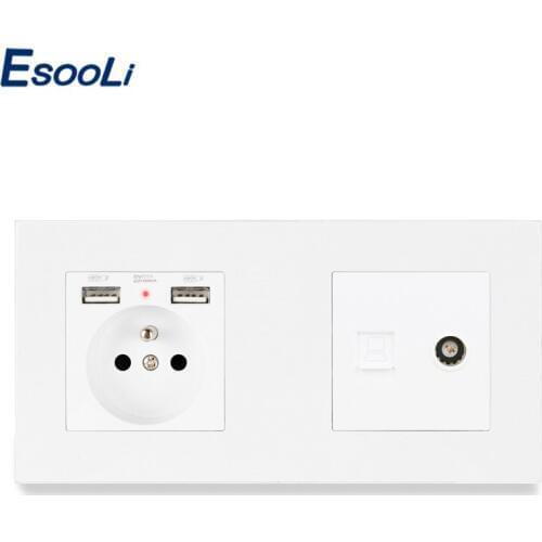 Esooli Plastic Panel French Standard Electric Socket with 2 USB + RJ45 Internet Computer Connector and Female TV Jack 172*86mm