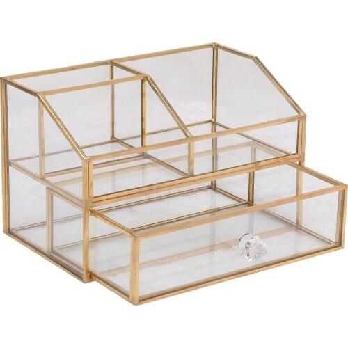 Luxury Glass Gold Tone Metal Jewelry Storage Case Holder Organizer with Drawer