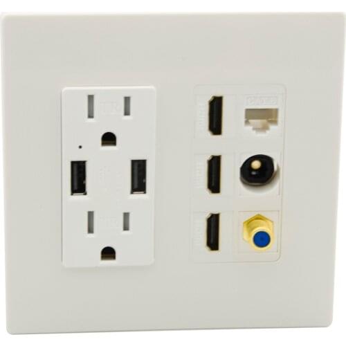 2 Gang No Screw Style 2 Ports Electric Power 2 Ports USB Charger 3 Ports HDMI 1 Port CAT6 RJ45 Coaxial RG6 Toslink Wall Plate