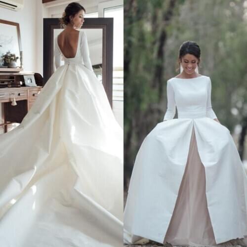 Modern Country 2020 Wedding Dresses Sleeves Bateau Neck A Line Backless Champagne Tulle Ivory Arabic African Bridal Gowns
