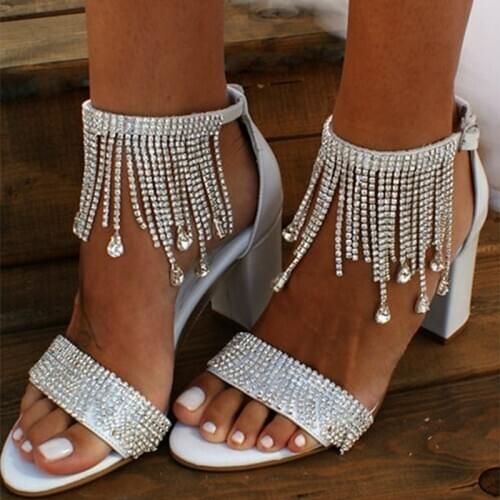 Womens Chunky Heel Sandalias Bridal Weding Sandals Comfy Evening Dressing Shoes Ivory Bride Tassel Party Shoes