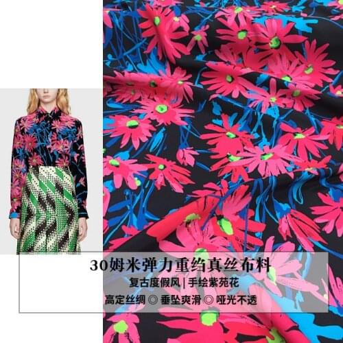 G brand daisy flower printed hand-painted 30mm dress stretch heavy crepe digital printing natural mulberry silk fashion fabric