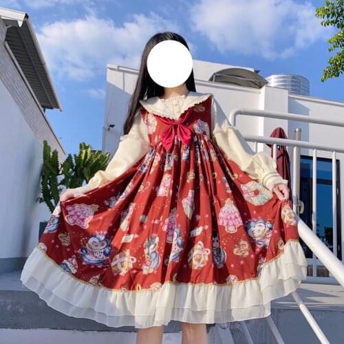 Japanese Sweet Christmas Lolita Soft Girl Dress Kawaii Sailor Collar Flare Sleeve Cute Ruffle Bow Cartoons Printing Retro Dresse