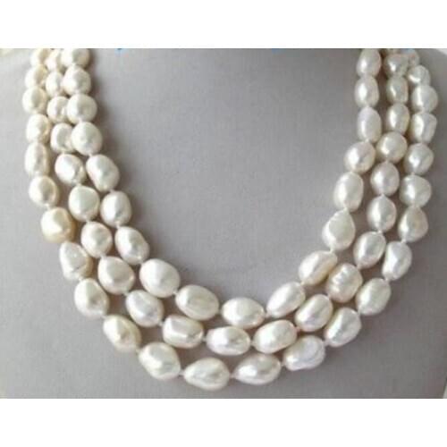 Jewelry Pearl Necklace 3 Strands 8-9White Baroque Freshwater Pearl Necklace Free Shipping