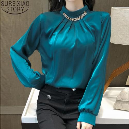 Plus Size Female Tops Elegant Office Lady Chiffon Blouse Women Long Sleeve Stand Collar Shirts 2021 Solid Blusas Mujer 13027