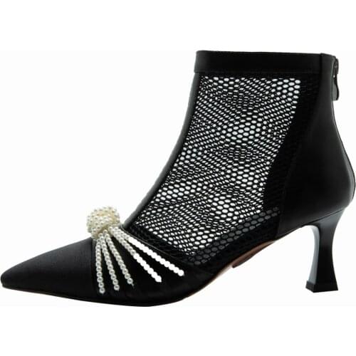 Women Boots Comfortable Breathable Mesh Fabric Beautifully Beaded Decoration 6CM Stiletto Heels Summer Autumn Fashion Shoes