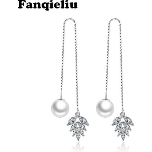 Fanqieliu Long Ear Line Sterling 925 Silver Chain Pearl Drop Earrings For Women Olive Leafs Dangle Earrings FQL193266