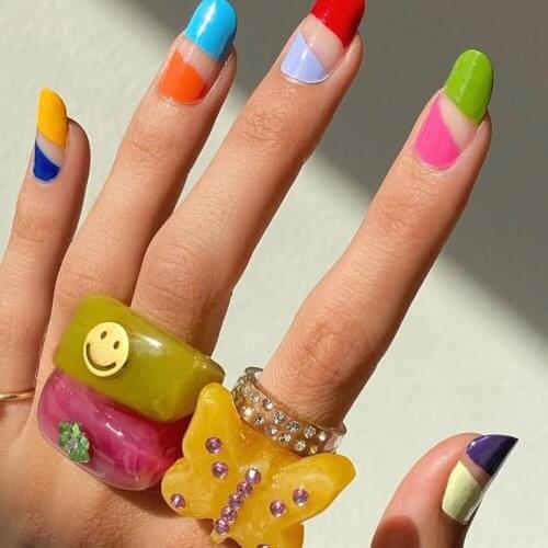 8090s Aesthetic Rainbow Color Smiley Rings For Women Acrylic Geometry Fashion Punk Vintage Goth Rings Charms Y2K Jewelry New