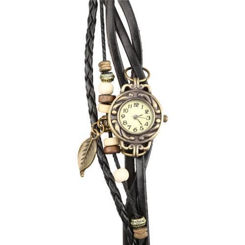Vintage Bracelet Quartz Wrist Watch with Weave Wrap Leather Band Leaf Beads for Women AIC88