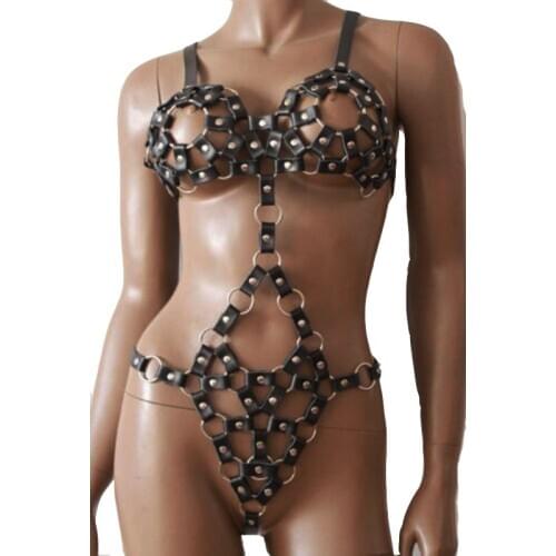 Womens Leather and Metal Ring Woven Fetish Body Harness Bikini Style Teddy Femdom Bodysuit Female Kinky Role Play Costume
