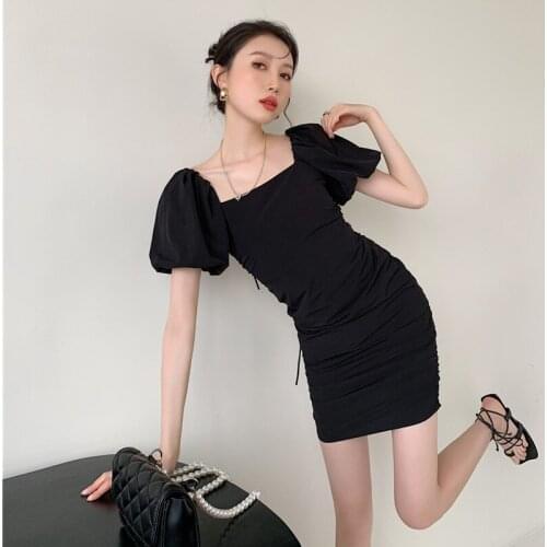 Vintage Hepburn Style Black Short Dress 2021 New Summer Women Square Neck Backless Bandage Temperament Pack Hip Dress