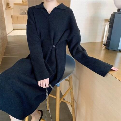 Knitted Womens Long Sleeve Button Dress Autumn Winter Solid Elegant Loose Base Female Sweater Dresses 2021 Korean Vestidos
