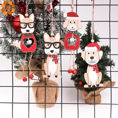 1PC Cute Dog Wooden Christmas Ornaments Pendants DIY Wood Crafts Hanging Xmas Tree Ornament Kids Gift Christmas Party Decoration