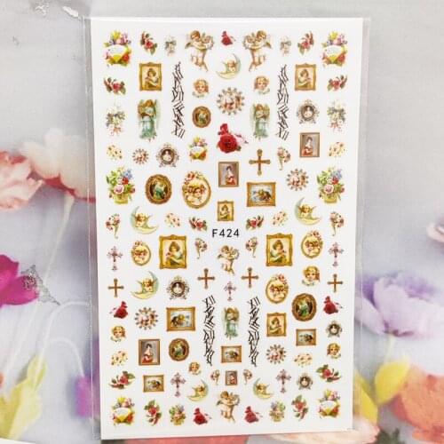 3D Stickers for Nails Cross Flowers Moon Photo Nail Foil Sliders Fashion Manicure Sticker Cute Cartoons Nail Art Decoration