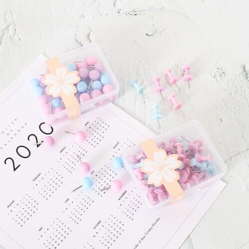 50pcs/box candy color round head thumbtack, rust-proof metal pin, wholesale fine office supplies, stationery