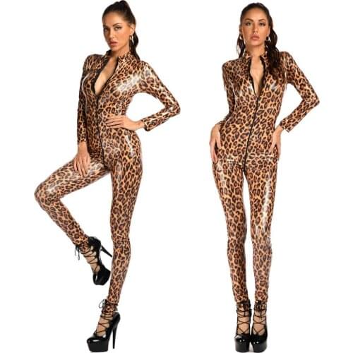 Glossy Leopard Leather Jumpsuits Sexy Lingerie Open Crotch Female Bodysuit Double Zipper Erotic Latex Catsuit Shaping Leotard