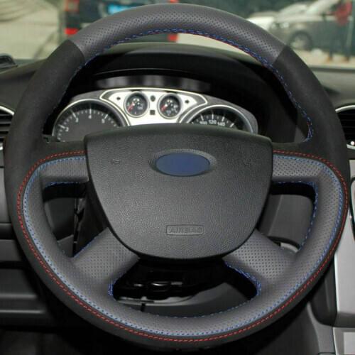 For Ford Focus 2 2005-2011 DIY Black Top Leather Steering Wheel Hand-stitch on Wrap Cover