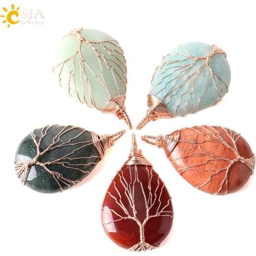 CSJA Wire Wrap Tree of Life Necklaces & Pendants Rose Gold Color Natural Stone Necklace Water Drop Jewelry Reiki Amazonite E223