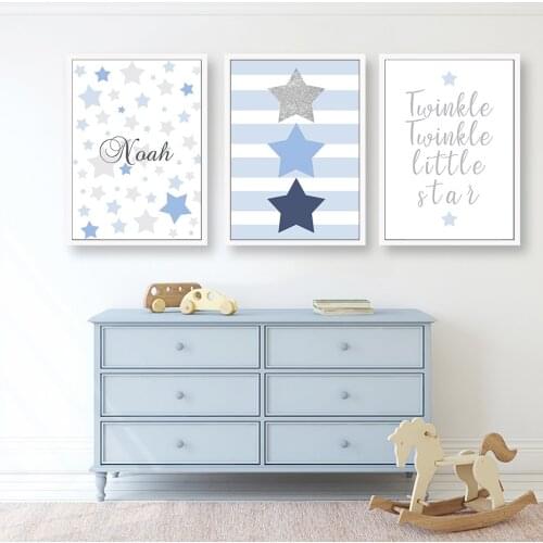 Cartoon Baby Name Customization Stars Blue Posters Nursery Canvas Painting Wall Art Prints Pictures Kids Room Bedroom Decoration