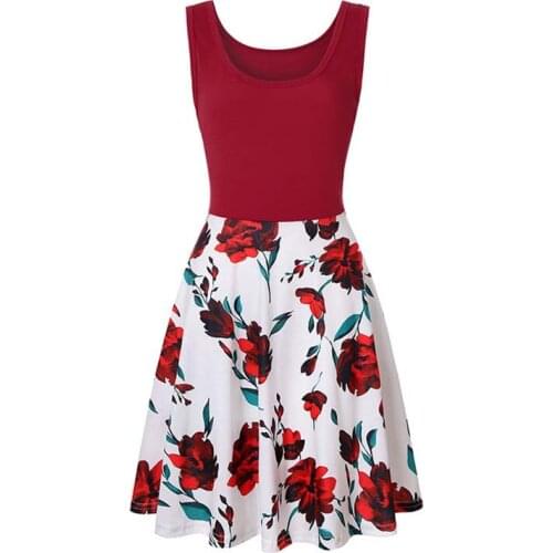 Summer Knee Length Dress New Fashion Women Red Rose Print O-neck Thin Tropical Party Dresses
